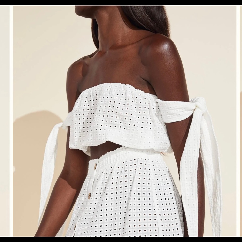 Eberjey White Off-Shoulder Crop Top and matching skirt